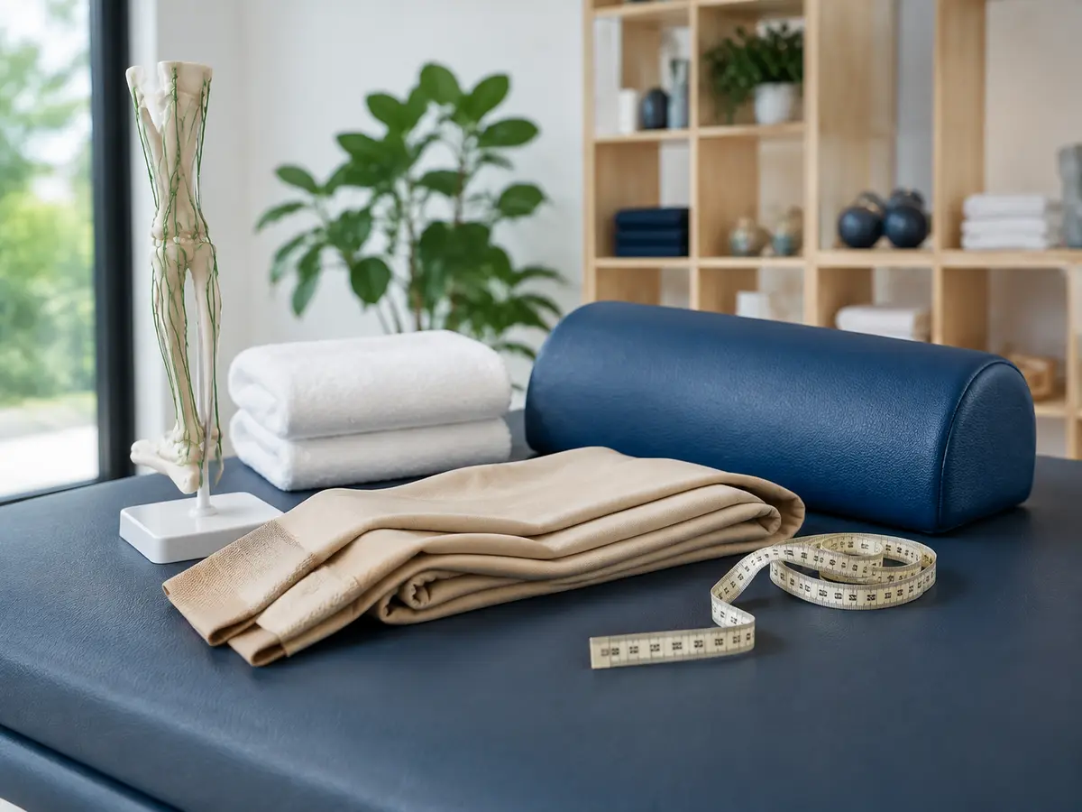 Kompressionsmaterial und Beinmodell – Physiotherapie und Lymphdrainage nach einer Operation
